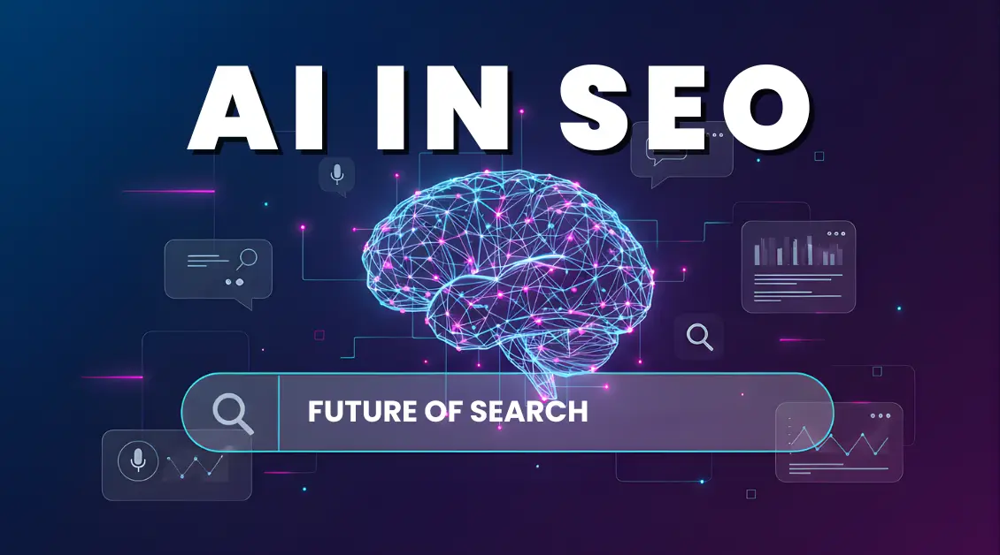 Illustration showing a digital AI brain connected with search, voice, and data icons, representing the role of artificial intelligence in SEO and the future of conversational search.